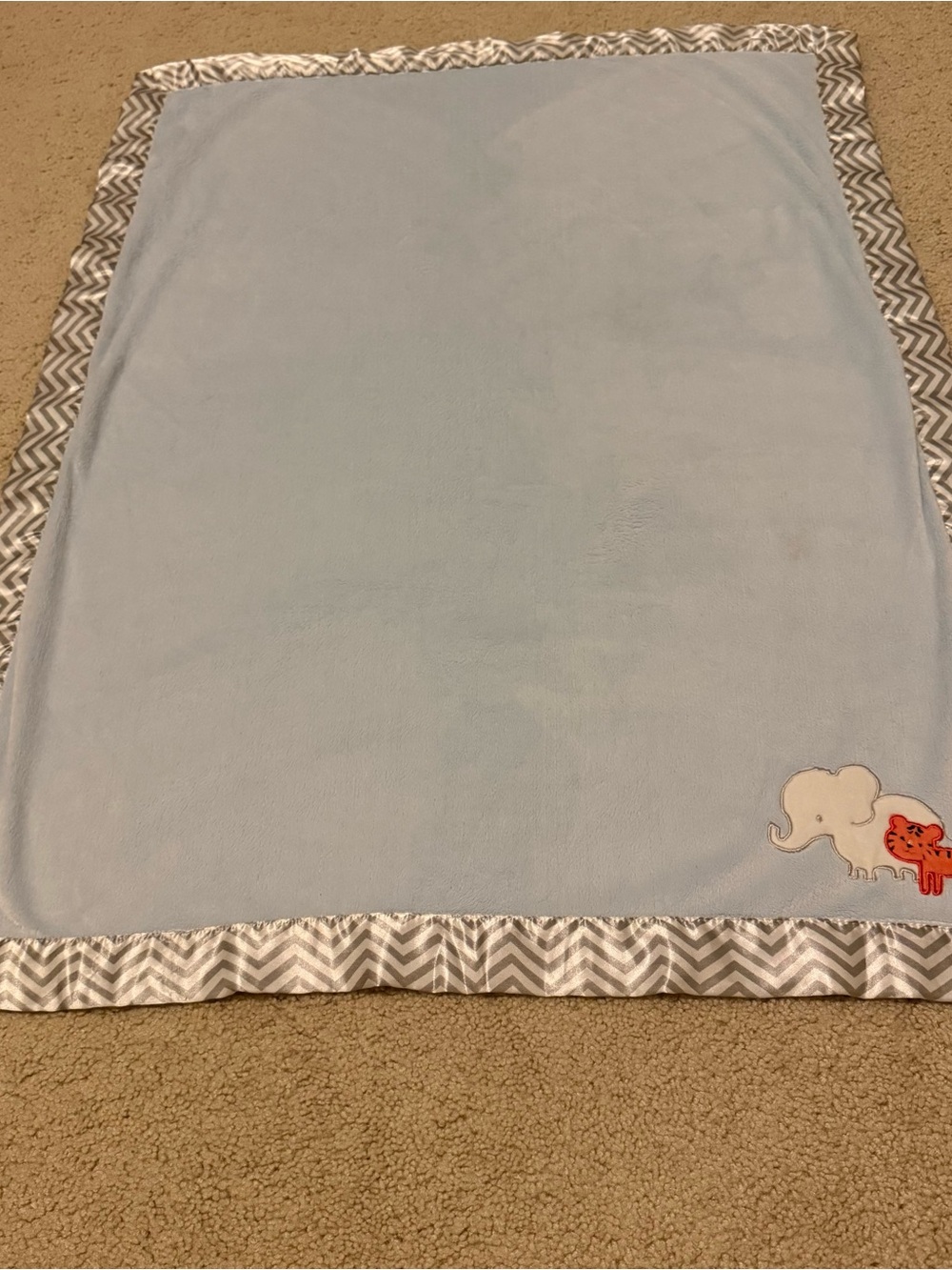 Just One You by Carter's Blue Elephant & Tiger Baby Blanket w Satin Chevron Trim